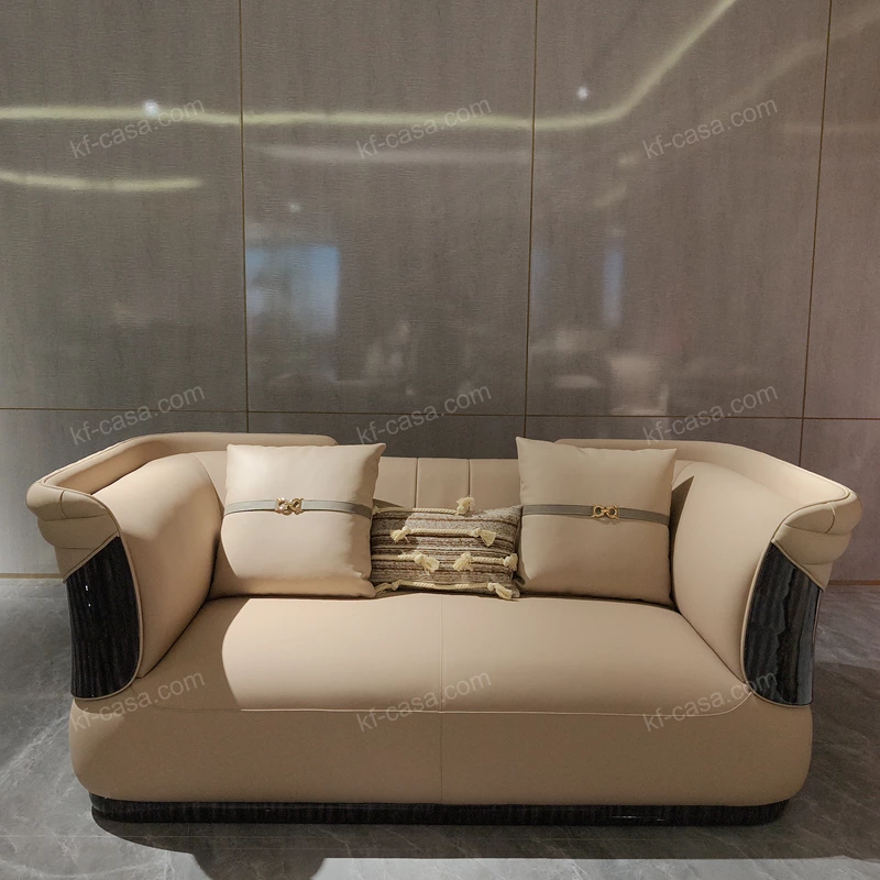 Modern Luxury Curved Sofa with High-Gloss Natural Wood Veneer, Precision Vertical Stitching Craftsmanship & Ergonomic Wrap-Around Design